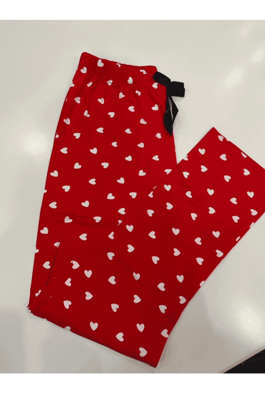 Viskon Kırmızı Kalpli Desenli Kadın Pijama Altı - Tam Boy Görünümü | Linay Butik Kadın Ev Giyimi